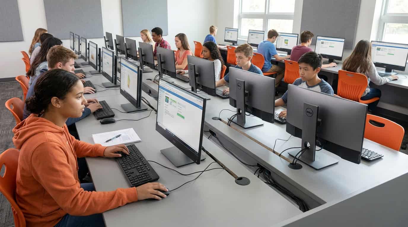 Sala de informática moderna com múltiplas estações multiseat em escola nova