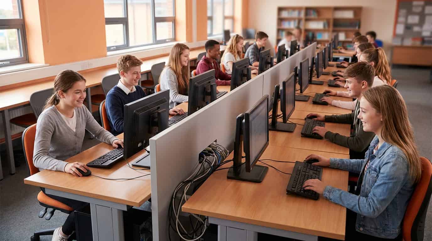 Sala de informática escolar equipada com o software ASTER mostrando múltiplas estações em uso.