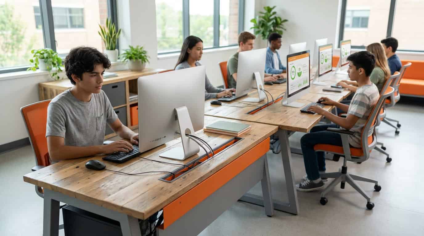 Sala de informática moderna em escola nova com tecnologia multiseat economizando espaço e energia