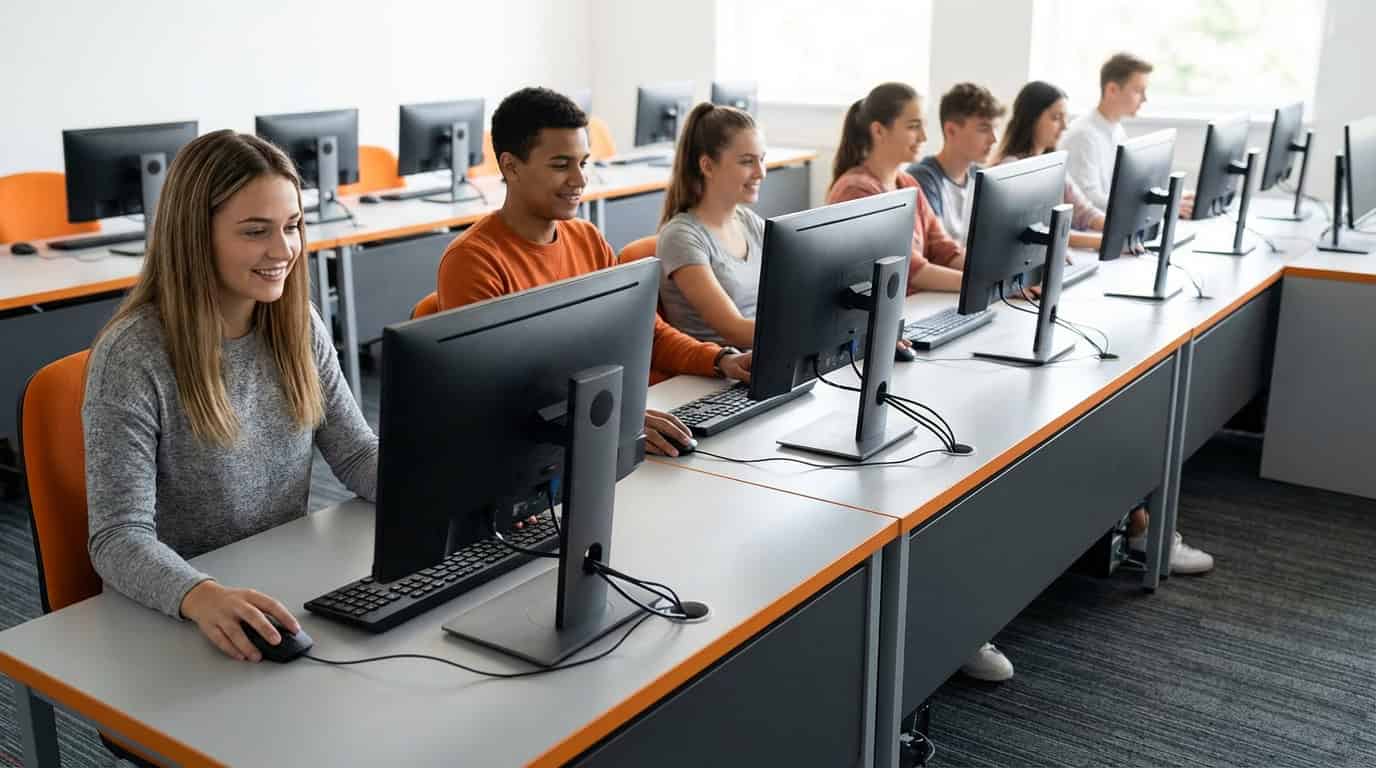Laboratório de informática em escola moderna com várias estações independentes usando ASTER.