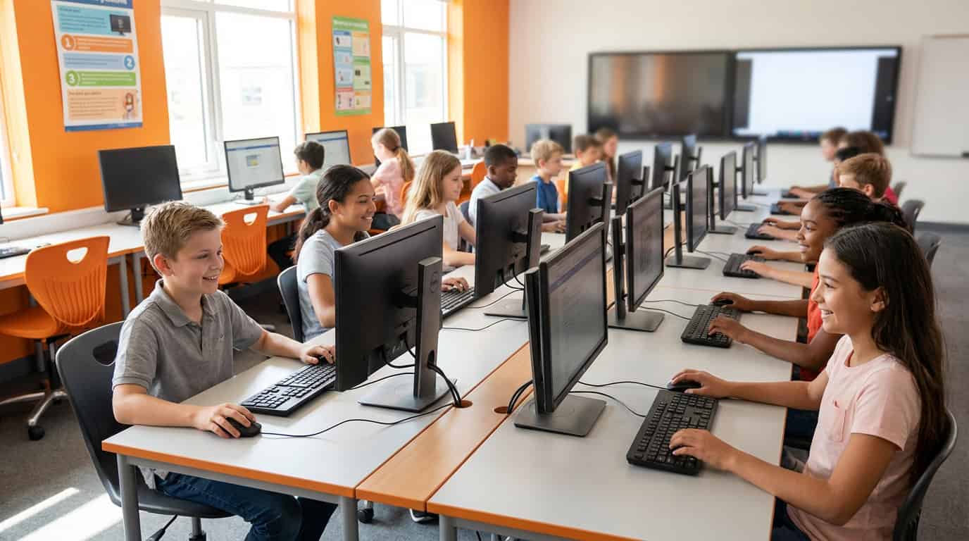 software-aster-2 Laboratório escolar moderno com computadores otimizados pela tecnologia multiseat do ASTER