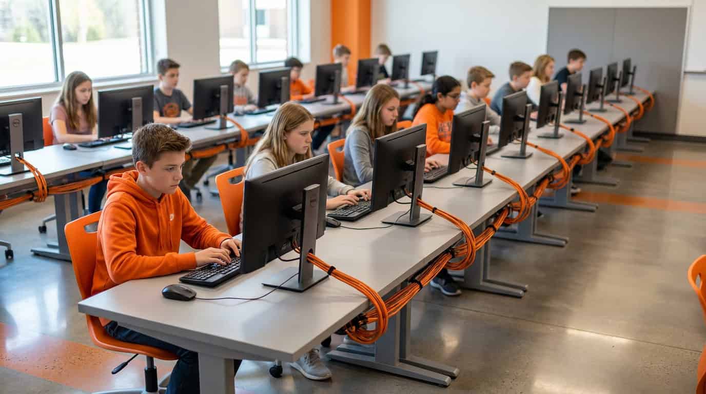 software-aster-4 Sala de informática moderna com computadores multiseat em uma escola