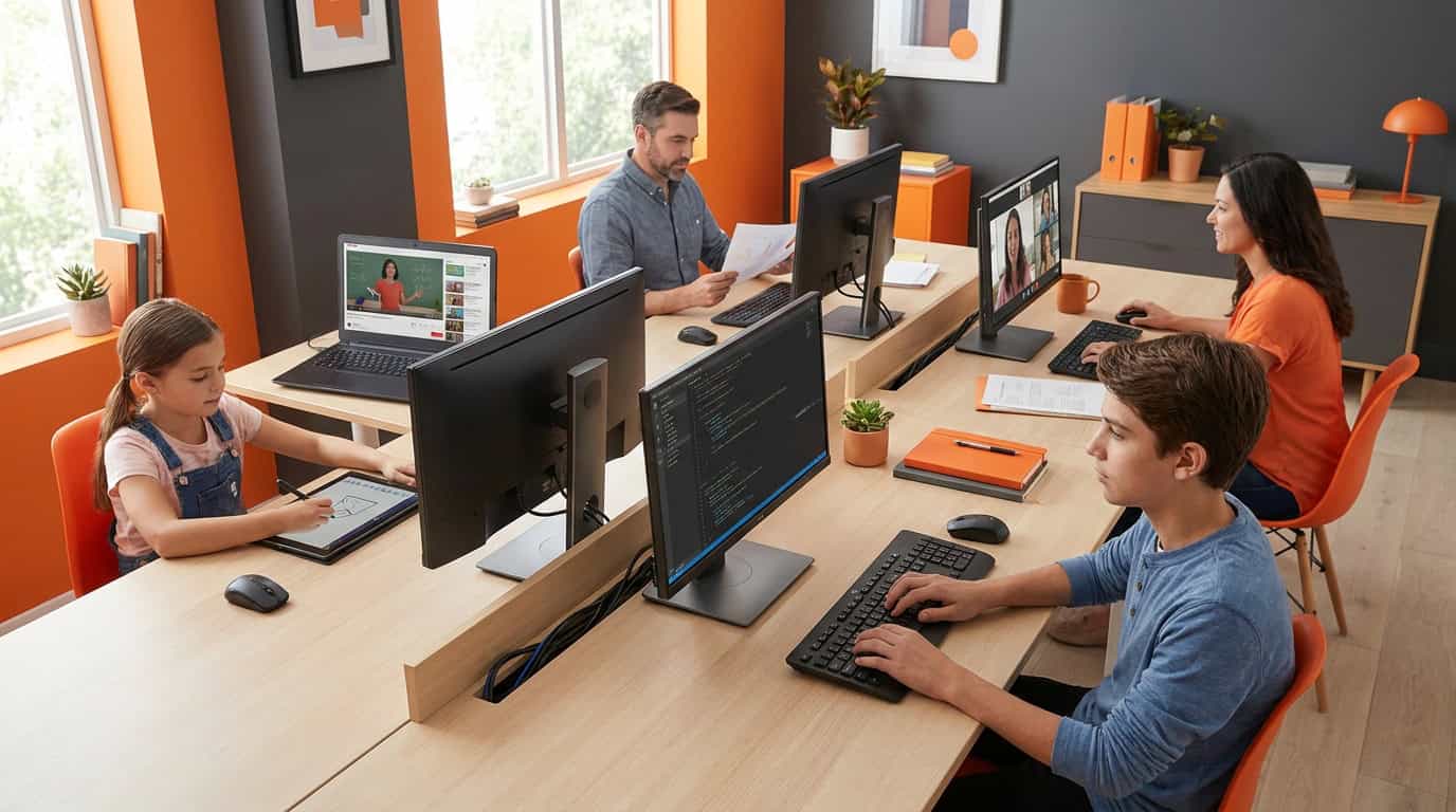 Família reunida usando várias estações de trabalho ASTER em um único computador para estudo em casa