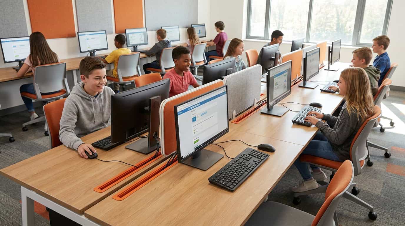 software-aster-7 Sala de informática moderna com múltiplas estações conectadas a uma única CPU usando ASTER
