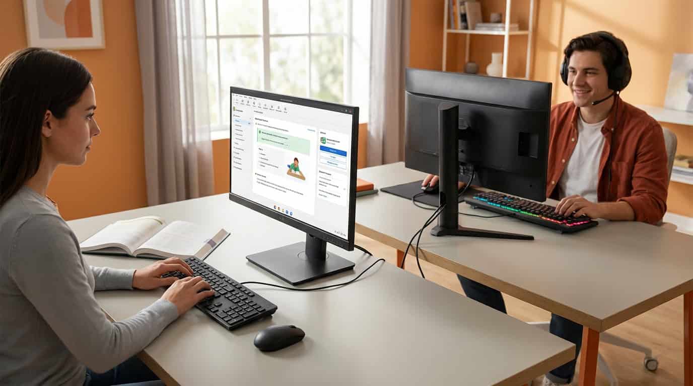 Dois usuários usando o mesmo PC para estudar e jogar com o software ASTER