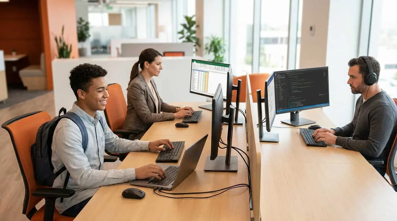 software-aster-3 Pessoas trabalhando e estudando em mesas conectadas a um único gabinete de computador central através da tecnologia multiseat.
